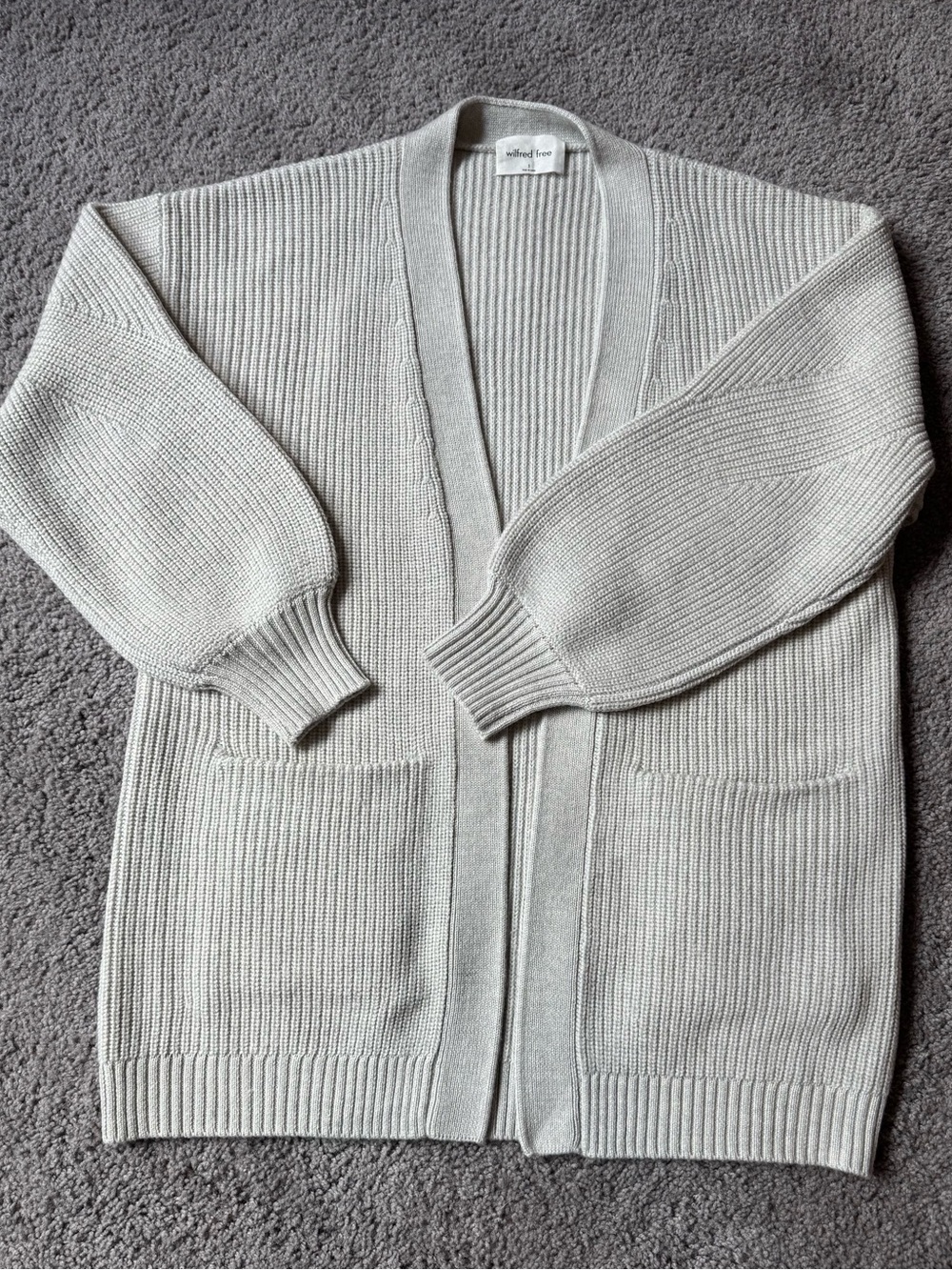 Wilfred Free Open Front Ribbed Cardigan in Oatmeal. 100% Merino Wool. Size S.